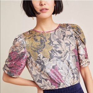 Anthropologie Marie Pink Metallic Floral Print Sequined Blouse NWT